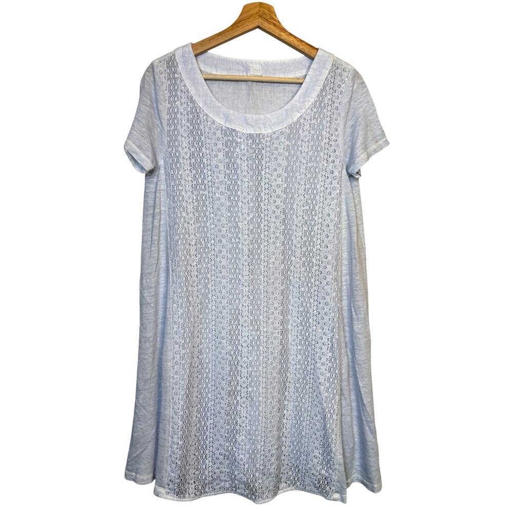 120% Lino Sequin Linen Silk Shift Dress Large 42 Lace Resort Quiet Luxury Beach